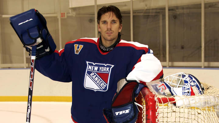 Oct 31, 2005; USA; New York Rangers goalie Henrik Lundqvist (5) poses for an NHL Rookies portrait at Madison Square Garden. Credit: Lou Capozzola-USA TODAY NETWORK

