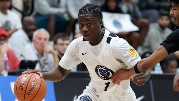 Jan 3, 2025; Gilbert, AZ, USA; CIA Bella Vista (AZ) guard Miles Sadler (1) against Arizona Compass Prep during the Hoophall West High School Invitational at Highland High School. Mandatory Credit: Mark J. Rebilas-Imagn Images