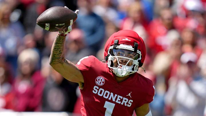 Oklahoma's Isaiah Sategna III (1) celebrates a catch during the University of Oklahoma Sooners Spring Game at the Gaylord Family - Oklahoma Memorial Stadium in Norman, Okla., Saturday April 18, 2026.