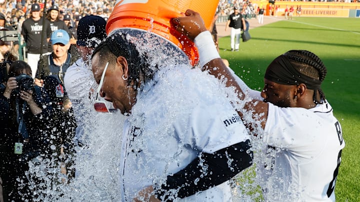 Detroit Tigers celebrate after a win against the Cleveland Guardians.