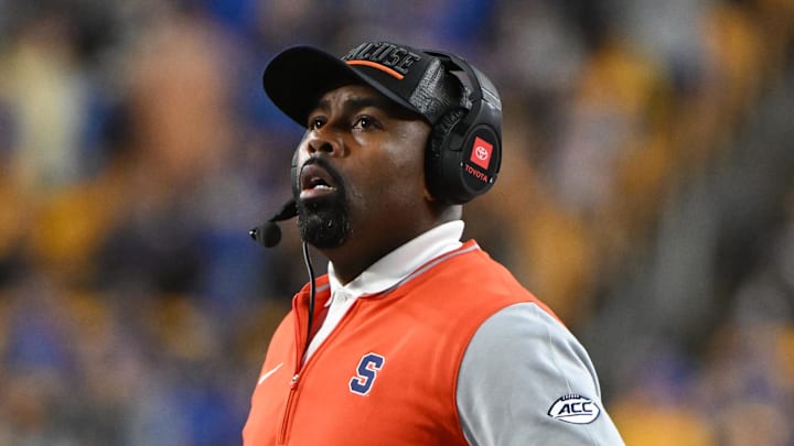 Oct 24, 2024; Pittsburgh, Pennsylvania, USA; Syracuse Orange head coach Fran Brown reacts against the Pittsburgh Panthers during the third quarter at Acrisure Stadium. Mandatory Credit: Barry Reeger-Imagn Images Oct 24, 2024; Pittsburgh, Pennsylvania, USA; Syracuse Orange head coach Fran Brown reacts against the Pittsburgh Panthers during the third quarter at Acrisure Stadium. Mandatory Credit: Barry Reeger-Imagn Images