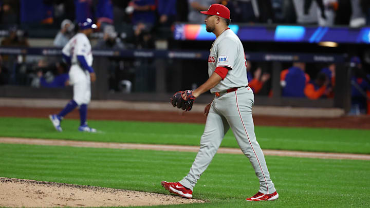 Oct 9, 2024; New York, New York, USA; Philadelphia Phillies pitcher Carlos Estevez (53) reacts to giving up a grand slam to New York Mets shortstop Francisco Lindor (not pictured) in the sixth inning in game four of the NLDS for the 2024 MLB Playoffs at Citi Field. 