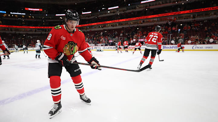 Mar 18, 2025; Chicago, Illinois, USA; Chicago Blackhawks center Ryan Donato (8) warms up before a game against the Seattle Kraken at United Center. Mandatory Credit: Talia Sprague-Imagn Images