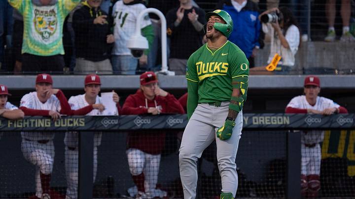 Oregon’s Naulivou Lauaki Jr.c right, celebrates his ninth inning home run against Washington State with teammate Drew Smith during day two of the NCAA Eugene Regional Tournament at PK Park n Eugene May 30, 2026.
