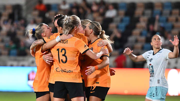 Aug 1, 2024; Houston, Texas, USA; Houston Dash forward Diana Ordonez (9) celebrates a goalwith teammates in the second half against Pachuca at Shell Energy Stadium. Mandatory Credit: Maria Lysaker-USA TODAY Sports