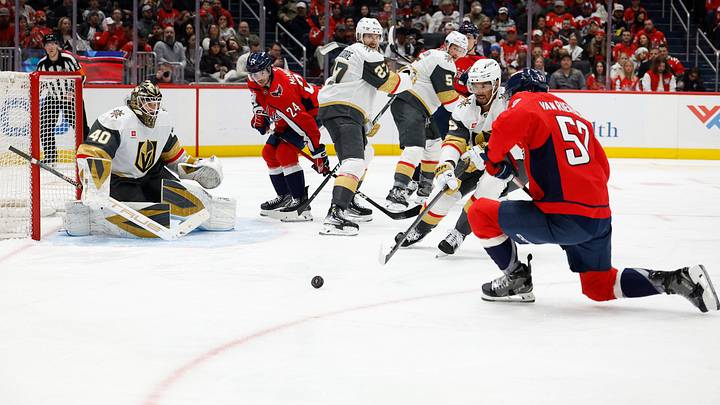 Feb 27, 2026; Washington, District of Columbia, USA; Vegas Golden Knights right wing Keegan Kolesar (55) clears the puck from Washington Capitals defenseman Trevor van Riemsdyk (57) in front of Golden Knights goaltender Akira Schmid (40) during the third period at Capital One Arena. Mandatory Credit: Geoff Burke-Imagn Images Feb 27, 2026; Washington, District of Columbia, USA; Vegas Golden Knights right wing Keegan Kolesar (55) clears the puck from Washington Capitals defenseman Trevor van Riemsdyk (57) in front of Golden Knights goaltender Akira Schmid (40) during the third period at Capital One Arena. Mandatory Credit: Geoff Burke-Imagn Images