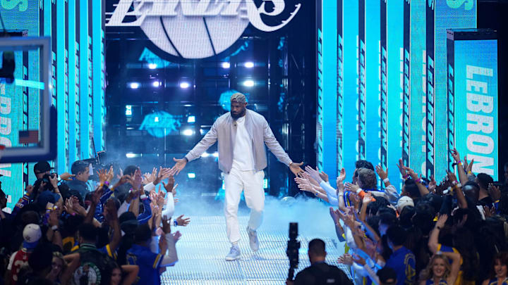 Feb 16, 2025; San Francisco, CA, USA; Shaqís OGs forward LeBron James (23) of the Los Angeles Lakers during introductions before the 2025 NBA All Star Game at Chase Center. Mandatory Credit: Cary Edmondson-Imagn Images