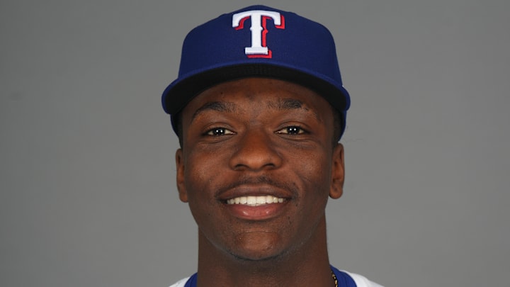 Feb 19, 2025; Surprise, AZ, USA; Texas Rangers player Sebastian Walcott poses for a photo during Media Day at Surprise Stadium. Feb 19, 2025; Surprise, AZ, USA; Texas Rangers player Sebastian Walcott poses for a photo during Media Day at Surprise Stadium.