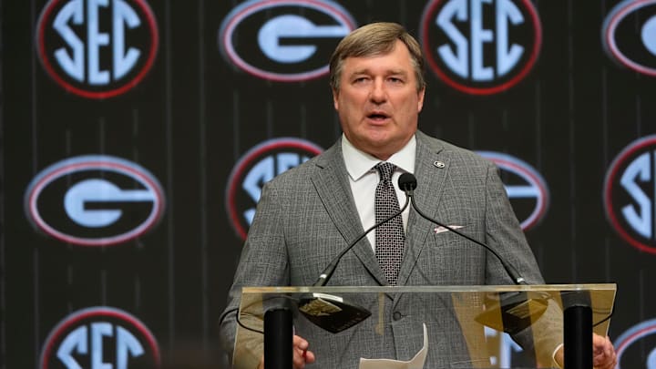 July 15, 2025; Atlanta, GA, USA; Georgia head coach Kirby Smart speaks in the Main Media Room during SEC Media Days at the College Football Hall of Fame in Atlanta.