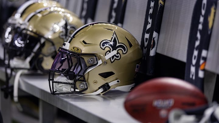 Nov 5, 2023; New Orleans, Louisiana, USA;  Detailed view of the New Orleans Saints helmets on the team bench against the Chicago Bears during the first half at the Caesars Superdome. Mandatory Credit: Stephen Lew-Imagn Images