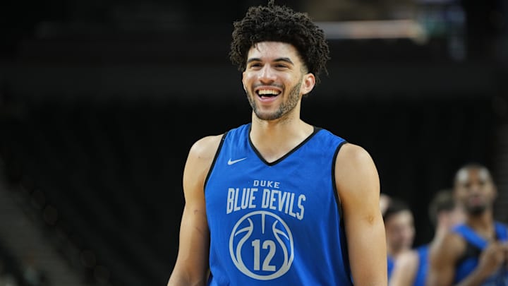 Mar 18, 2026; Greenville, SC, USA; Duke Blue Devils forward Cameron Boozer (12) reacts during a practice session ahead of the first round of the men's 2026 NCAA Tournament at Bon Secours Wellness Arena. Mandatory Credit: Bob Donnan-Imagn Images