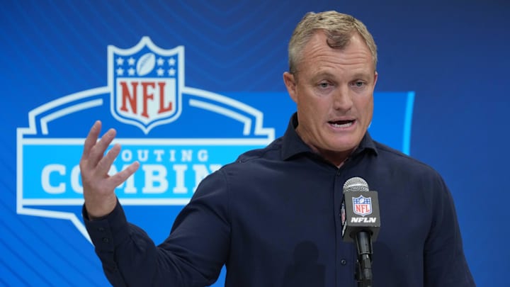 Feb 27, 2025; Indianapolis, IN, USA; San Francisco 49ers general manager John Lynch speaks during the 2025 NFL Scouting Combine at the Indiana Convention Center. Mandatory Credit: Kirby Lee-Imagn Images