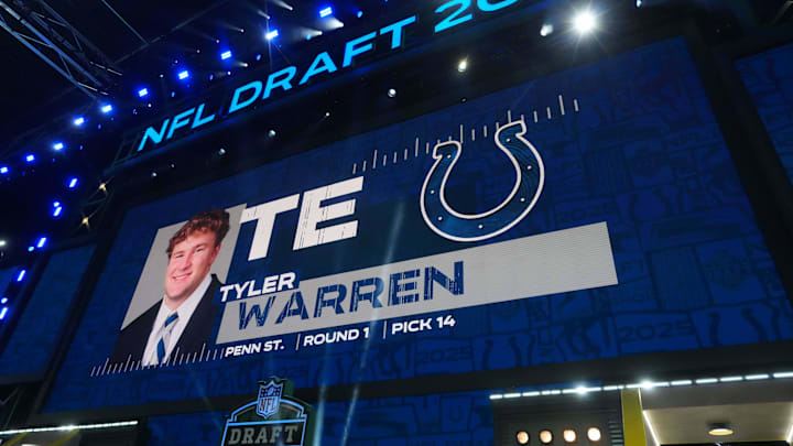 Apr 24, 2025; Green Bay, WI, USA; Penn State Nittany Lions tight end Tyler Warren is selected as the No. 14 pick by the Indianapolis Colts  during the NFL Draft at Lambeau Field. Mandatory Credit: Kirby Lee-Imagn Images
