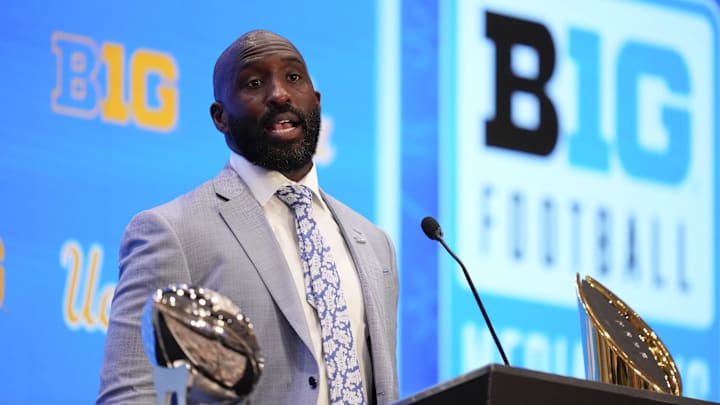 Jul 24, 2025; Las Vegas, NV, USA; UCLA head coach DeShaun Foster speaks to the media during the Big Ten NCAA college football media days at Mandalay Bay Resort. Jul 24, 2025; Las Vegas, NV, USA; UCLA head coach DeShaun Foster speaks to the media during the Big Ten NCAA college football media days at Mandalay Bay Resort.
