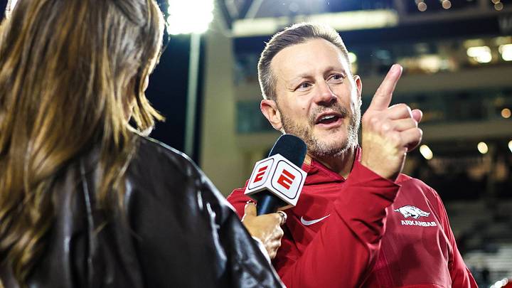 Arkansas Razorbacks coach Ryan Silverfield speaks to the SEC Network sideline reporter following the team's 31-21 victory at Vanderbilt. Arkansas Razorbacks coach Ryan Silverfield speaks to the SEC Network sideline reporter following the team's 31-21 victory at Vanderbilt.