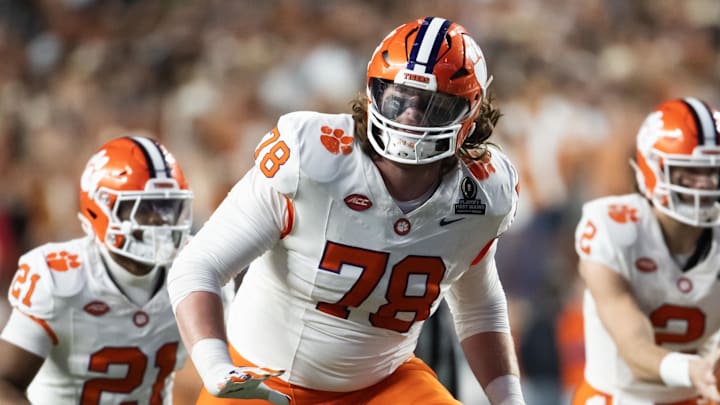 Dec 21, 2024; Austin, Texas, USA; Clemson Tigers offensive lineman Blake Miller (78) against the Texas Longhorns during the CFP National playoff first round at Darrell K Royal-Texas Memorial Stadium. Mandatory Credit: Mark J. Rebilas-Imagn Images
