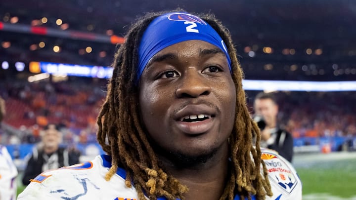 Dec 31, 2024; Glendale, AZ, USA; Boise State Broncos running back Ashton Jeanty (2) against the Penn State Nittany Lions during the Fiesta Bowl at State Farm Stadium. Mandatory Credit: Mark J. Rebilas-Imagn Images