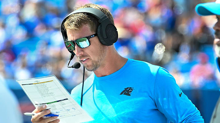 Aug 24, 2024; Orchard Park, New York, USA; Carolina Panthers offensive coordinator Brad Idzik calls a play in the third quarter pre-season game against the Buffalo Bills at Highmark Stadium. Mandatory Credit: Mark Konezny-Imagn Images