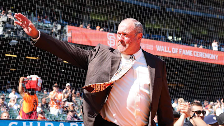 Aug 27, 2023; San Francisco, California, USA; Former San Francisco Giants player Will Clark is introduced during a Wall of Fame induction ceremony before the game against the Atlanta Braves at Oracle Park.