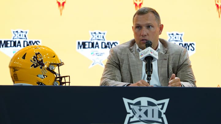 Jul 8, 2025; Frisco, TX, USA; Arizona State head coach Kenny Dillingham addresses the media during 2025 Big 12 Football Media Days at The Star. Mandatory Credit: Raymond Carlin III-Imagn Images