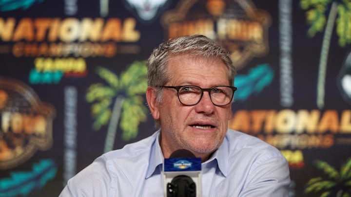 Apr 6, 2025; Tampa, FL, USA; Connecticut Huskies head coach Geno Auriemma speaks to the media after the national championship of the women's 2025 NCAA tournament against the South Carolina Gamecocks at Amalie Arena. Mandatory Credit: Nathan Ray Seebeck-Imagn Images