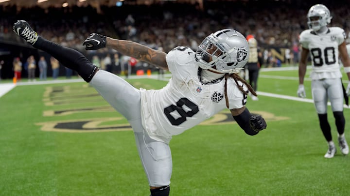 Dec 29, 2024; New Orleans, Louisiana, USA; Las Vegas Raiders running back Ameer Abdullah (8) celebrates a touchdown that was later ruled one yard short against the Las Vegas Raiders during the first half at Caesars Superdome. The Raiders eventually scored a field goal during the drive. Mandatory Credit: Matthew Hinton-Imagn Images Dec 29, 2024; New Orleans, Louisiana, USA; Las Vegas Raiders running back Ameer Abdullah (8) celebrates a touchdown that was later ruled one yard short against the Las Vegas Raiders during the first half at Caesars Superdome. The Raiders eventually scored a field goal during the drive. Mandatory Credit: Matthew Hinton-Imagn Images
