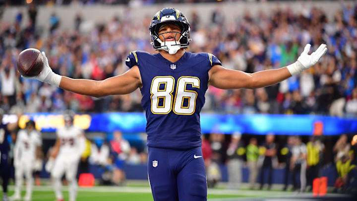 Dec 27, 2025; Inglewood, California, USA;  Los Angeles Chargers tight end Oronde Gadsden (86) reacts after catching a touchdown pass against the Houston Texans during the second half at SoFi Stadium. Mandatory Credit: Gary A. Vasquez-Imagn Images
