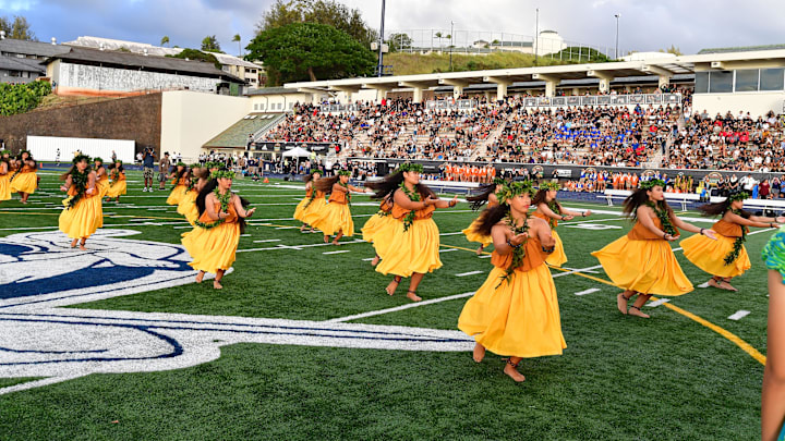 Jan 20, 2023; Honolulu, Hawaii, US; Hula dancers perform at the Polynesian Bowl at Kunuiakea