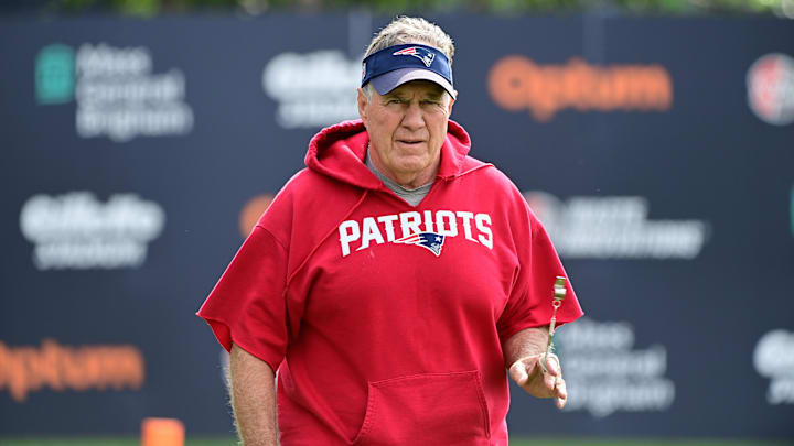 Jul 27, 2023; Foxborough, MA, USA; New England Patriots head coach Bill Belichick heads to the