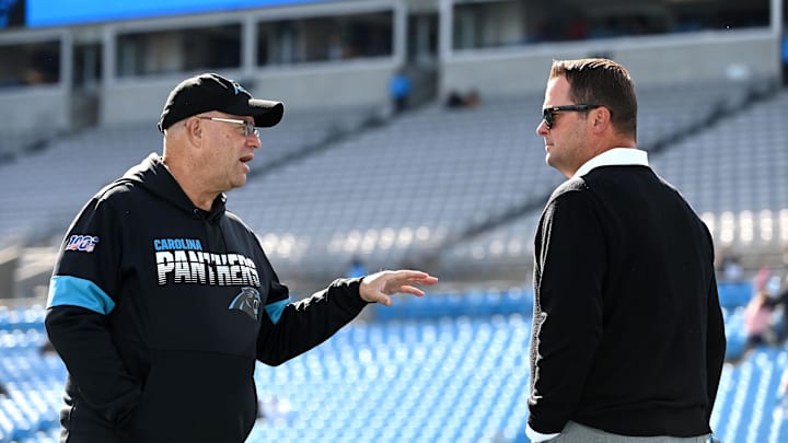 Nov 7, 2021; Charlotte, North Carolina, USA; Carolina Panthers owner David Tepper with general manager Scott Fitterer before the game at Bank of America Stadium. Mandatory Credit: Bob Donnan-Imagn Images Nov 7, 2021; Charlotte, North Carolina, USA; Carolina Panthers owner David Tepper with general manager Scott Fitterer before the game at Bank of America Stadium. Mandatory Credit: Bob Donnan-Imagn Images