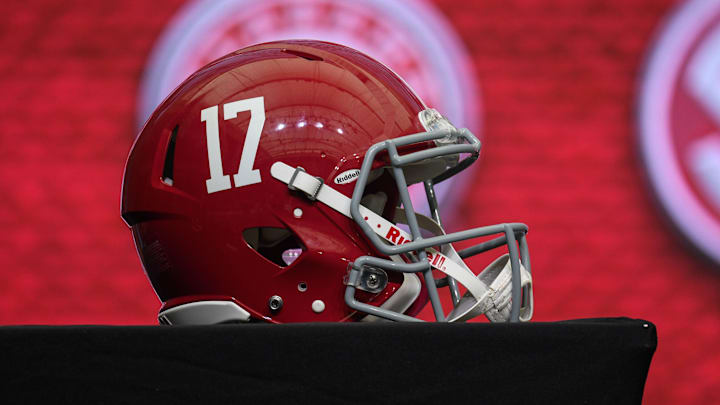 Jul 18, 2018; Atlanta, GA, USA; An Alabama Crimson Tide helmet is shown on the main stage during SEC football media day at the College Football Hall of Fame. Mandatory Credit: Dale Zanine-Imagn Images Jul 18, 2018; Atlanta, GA, USA; An Alabama Crimson Tide helmet is shown on the main stage during SEC football media day at the College Football Hall of Fame. Mandatory Credit: Dale Zanine-Imagn Images