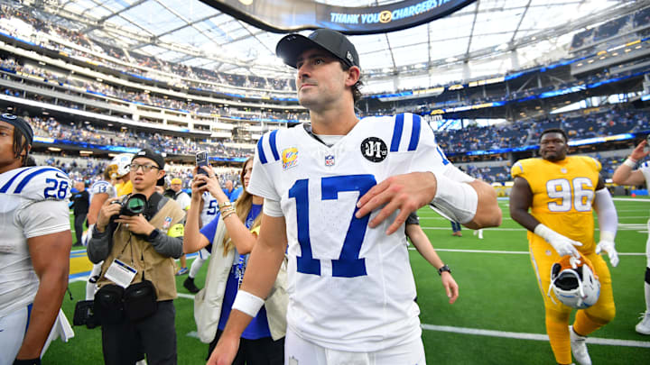 Oct 19, 2025; Inglewood, California, USA; Indianapolis Colts quarterback Daniel Jones (17) looks on after the game against the Los Angeles Chargers at SoFi Stadium. Mandatory Credit: Gary A. Vasquez-Imagn Images
