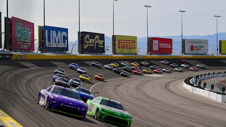 Mar 15, 2026; Las Vegas, Nevada, USA; Joe Gibbs Racing driver Denny Hamlin (11) and Joe Gibbs Racing driver Christopher Bell (20) lead a group during the Pennzoil 400 at Las Vegas Motor Speedway. Mar 15, 2026; Las Vegas, Nevada, USA; Joe Gibbs Racing driver Denny Hamlin (11) and Joe Gibbs Racing driver Christopher Bell (20) lead a group during the Pennzoil 400 at Las Vegas Motor Speedway.