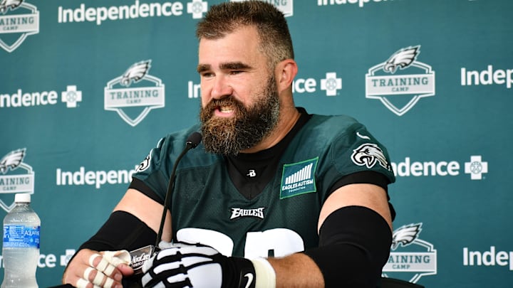 Philadelphia Eagles center Jason Kelce speaks with the media after the first day of training camp at the NovaCare Complex in Philadelphia on July 26, 2023. Philadelphia Eagles center Jason Kelce speaks with the media after the first day of training camp at the NovaCare Complex in Philadelphia on July 26, 2023.