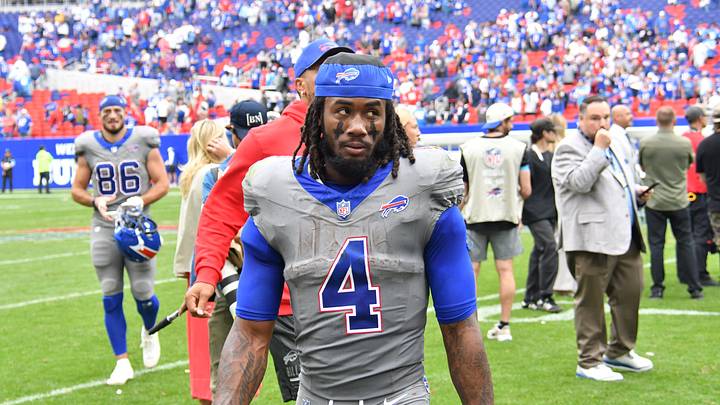 Sep 27, 2026; Orchard Park, New York, USA; Buffalo Bills running back James Cook III (4) looks on after the game against the Los Angeles Chargers at New Highmark Stadium. Sep 27, 2026; Orchard Park, New York, USA; Buffalo Bills running back James Cook III (4) looks on after the game against the Los Angeles Chargers at New Highmark Stadium.