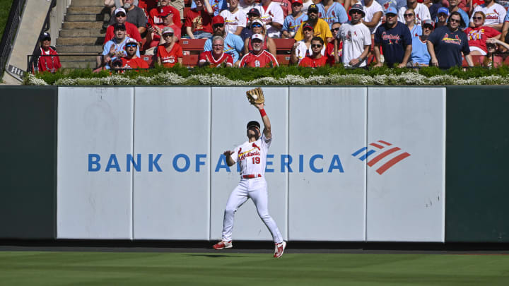 Oct 1, 2023; St. Louis, Missouri, USA; St. Louis Cardinals center fielder Tommy Edman (19) catches a fly ball against the Cincinnati Reds during the second inning at Busch Stadium. Mandatory Credit: Jeff Curry-USA TODAY Sports Oct 1, 2023; St. Louis, Missouri, USA; St. Louis Cardinals center fielder Tommy Edman (19) catches a fly ball against the Cincinnati Reds during the second inning at Busch Stadium. Mandatory Credit: Jeff Curry-USA TODAY Sports