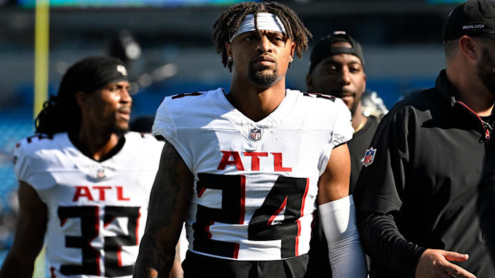 Oct 13, 2024; Charlotte, North Carolina, USA;  Atlanta Falcons cornerback A.J. Terrell (24) before the game at Bank of America Stadium.