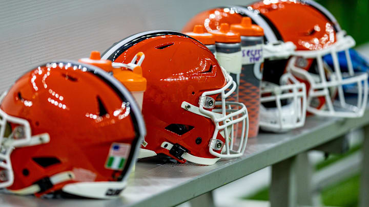 Nov 17, 2024; New Orleans, Louisiana, USA;  Detailed view of the Cleveland Browns helmets on a time out against the New Orleans Saints during the first half at Caesars Superdome. Mandatory Credit: Stephen Lew-Imagn Images