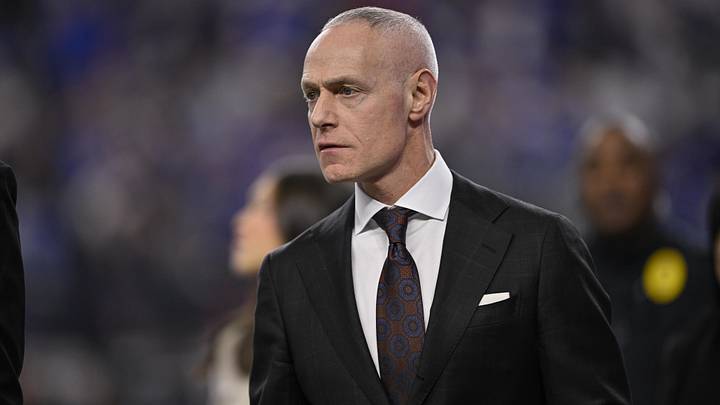 Dec 6, 2025; Arlington, TX, USA; Big 12 commissioner Brett Yormark looks on during the game between the Red Raiders and the Cougars at AT&T Stadium. Mandatory Credit: Jerome Miron-Imagn Images