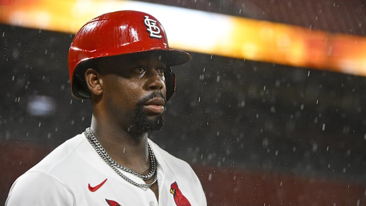 May 19, 2025; St. Louis, Missouri, USA; St. Louis Cardinals right fielder Jordan Walker (18) looks on from the on deck circle as rain falls during the eighth inning against the Detroit Tigers at Busch Stadium. Mandatory Credit: Jeff Curry-Imagn Images May 19, 2025; St. Louis, Missouri, USA; St. Louis Cardinals right fielder Jordan Walker (18) looks on from the on deck circle as rain falls during the eighth inning against the Detroit Tigers at Busch Stadium. Mandatory Credit: Jeff Curry-Imagn Images