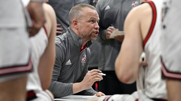 Dec 11, 2024; Louisville, Kentucky, USA;  Louisville Cardinals head coach Pat Kelsey gives instruction before the start of the second half against the UTEP Miners at KFC Yum! Center. Louisville defeated Texas-El Paso 77-74. 