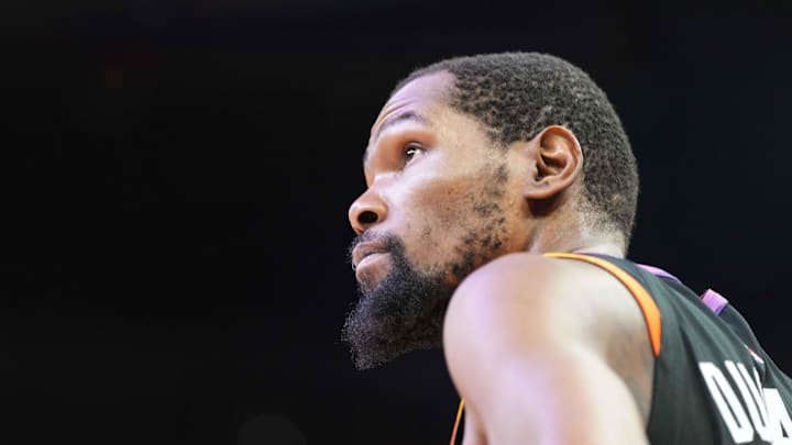 Apr 26, 2024; Phoenix, Arizona, USA; Phoenix Suns forward Kevin Durant (35) looks on against the
