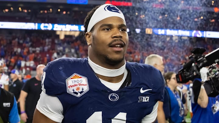 Dec 31, 2024; Glendale, AZ, USA; Penn State Nittany Lions defensive end Abdul Carter (11) after defeating the Boise State Broncos in the Fiesta Bowl at State Farm Stadium. Mandatory Credit: Mark J. Rebilas-Imagn Images