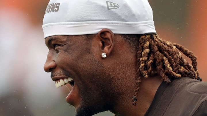 Cleveland Browns wide receiver Jerry Jeudy (3) is all smiles during an NFL practice at the Cleveland Browns training facility on Wednesday, May 28, 2025, in Berea, Ohio. Cleveland Browns wide receiver Jerry Jeudy (3) is all smiles during an NFL practice at the Cleveland Browns training facility on Wednesday, May 28, 2025, in Berea, Ohio.