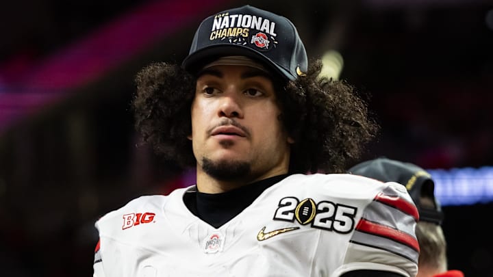 Jan 20, 2025; Atlanta, GA, USA; Ohio State Buckeyes safety Lathan Ransom (8) against the Notre Dame Fighting Irish during the CFP National Championship college football game at Mercedes-Benz Stadium. Mandatory Credit: Mark J. Rebilas-Imagn Images