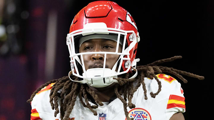 Feb 9, 2025; New Orleans, LA, USA;  Kansas City Chiefs running back Kareem Hunt (29) against the Philadelphia Eagles in Super Bowl LIX at Ceasars Superdome. Mandatory Credit: Mark J. Rebilas-Imagn Images
