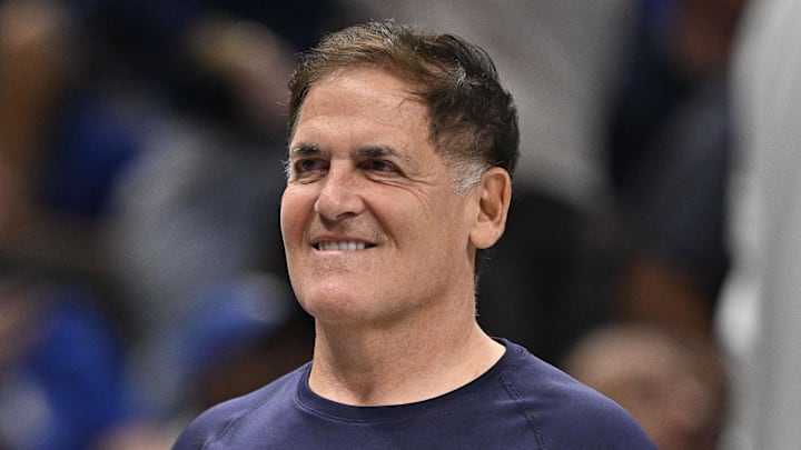 Apr 11, 2025; Dallas, Texas, USA; Dallas Mavericks minority owner Mark Cuban looks on during the second half against the Toronto Raptors at the American Airlines Center. Mandatory Credit: Jerome Miron-Imagn Images