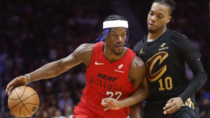 Dec 8, 2024; Miami, Florida, USA; Cleveland Cavaliers guard Darius Garland (10) defends Miami Heat forward Jimmy Butler (22) during the second half at Kaseya Center. Mandatory Credit: Rhona Wise-Imagn Images Dec 8, 2024; Miami, Florida, USA; Cleveland Cavaliers guard Darius Garland (10) defends Miami Heat forward Jimmy Butler (22) during the second half at Kaseya Center. Mandatory Credit: Rhona Wise-Imagn Images