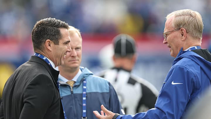 Dec 29, 2024; East Rutherford, New Jersey, USA; New York Giants owner John Mara, right, and general manager Joe Schoen, left, talk before the game against the Indianapolis Colts at MetLife Stadium.  