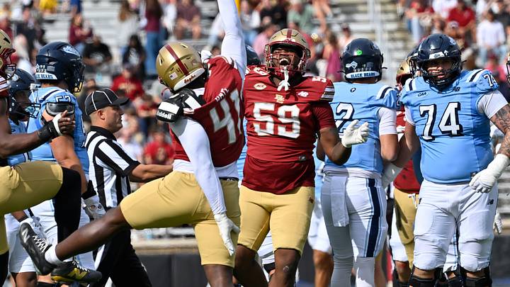 September 19, 2026; Chestnut Hill, Massachusetts, USA; Boston College Eagles defensive lineman Micah Amedee (59) reacts to his sack on Maine Black Bears quarterback Eddie Buehler (2) during the first half at Alumni Stadium. Mandatory Credit: Eric Canha-Imagn Images